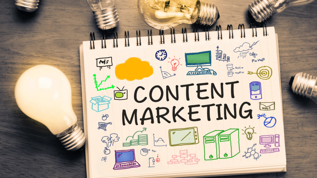 Content marketing image showing content strategy, text, ads, search text, keywords