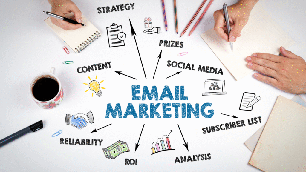 email marketing image showing content, analytics, strategy, subscribers
