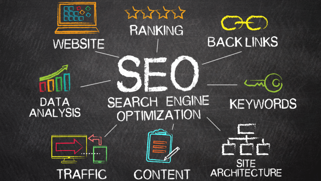 SEO image showing search, ranking, website, content, keywords, traffic, backlinks